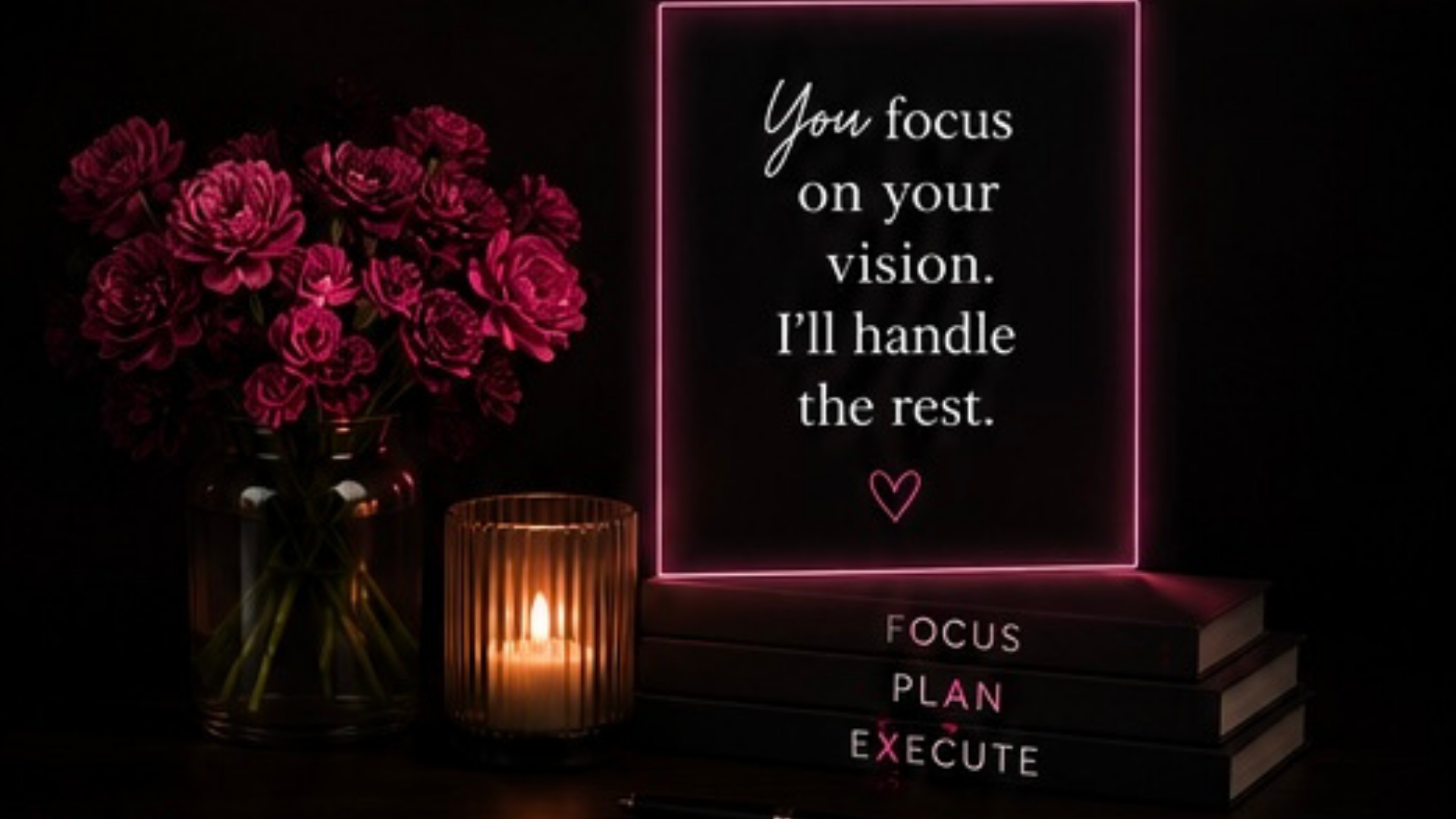 A photo of a bouquet of pink flowers in a glass vase, a lit candle in a glass holder, and a framed quote in neon pink reading 'You focus on your vision. I'll handle the rest,' placed on stacked books with visible titles 'Focus,' 'Plan,' and 'Execute' surrounded by a dark background.