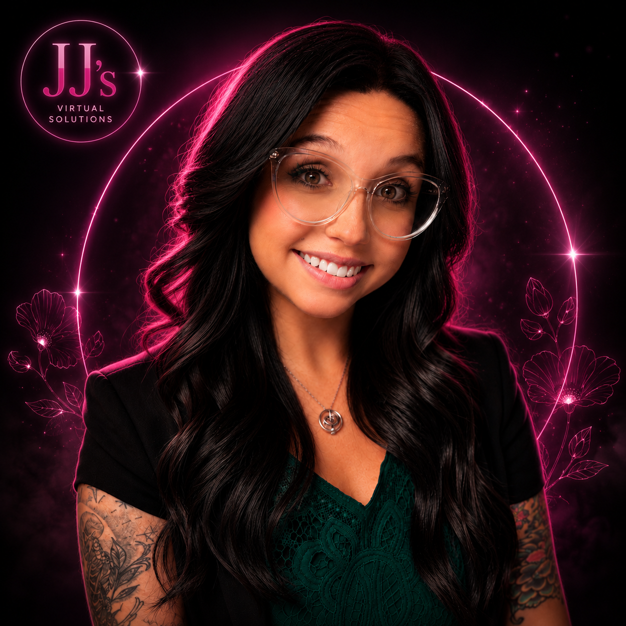 A woman with long dark wavy hair and tattoos on her right arm, smiling and wearing glasses, a black blazer, a teal lace top, and a necklace, with pink glowing floral and circular designs in the background.