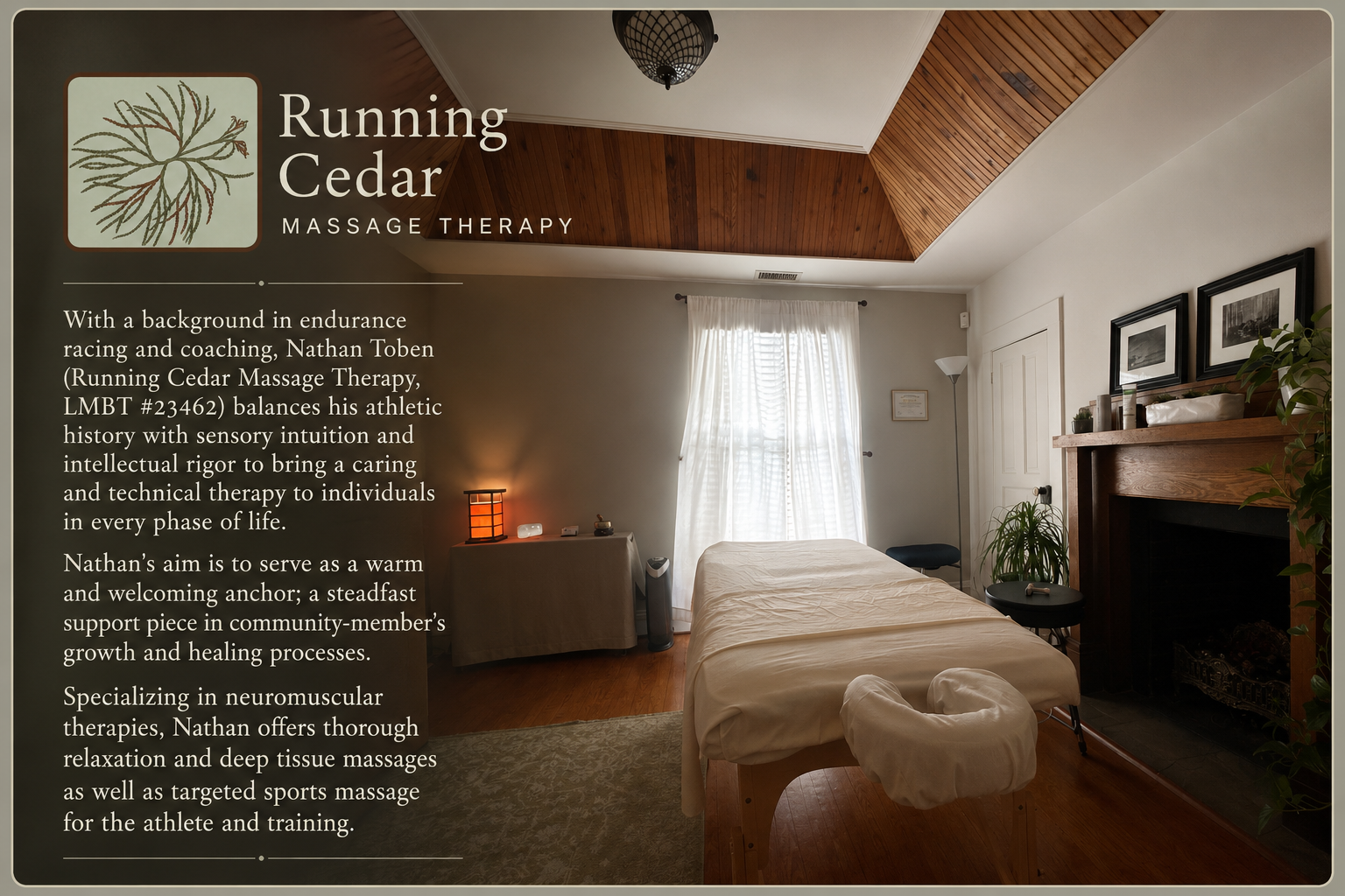 Interior of a massage therapy room with a massage table, a side table with a lamp, a window with white curtains, framed artwork on the white wall, a fireplace, potted plants, and a decorative ceiling with wooden paneling.