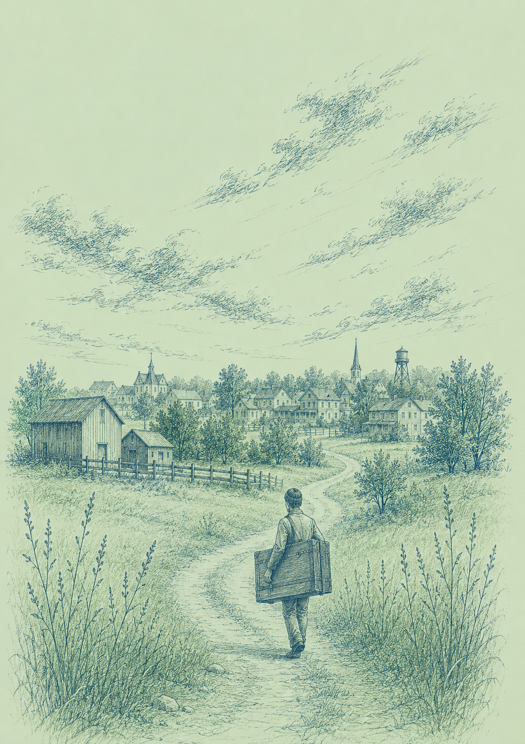 A historical sketch of a man walking along a dirt path toward a small town, carrying a massage table carrying case, with houses, a church, and a water tower in the background, under a sky filled with detailed clouds.
