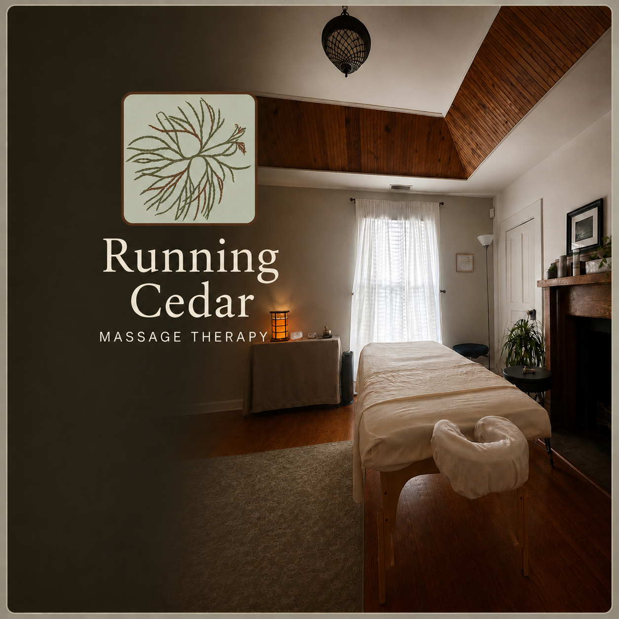 A massage therapy room with a massage table, window with curtains, a small table with a lamp and other items, a fireplace with decorations, and a wooden ceiling with a hanging light fixture.