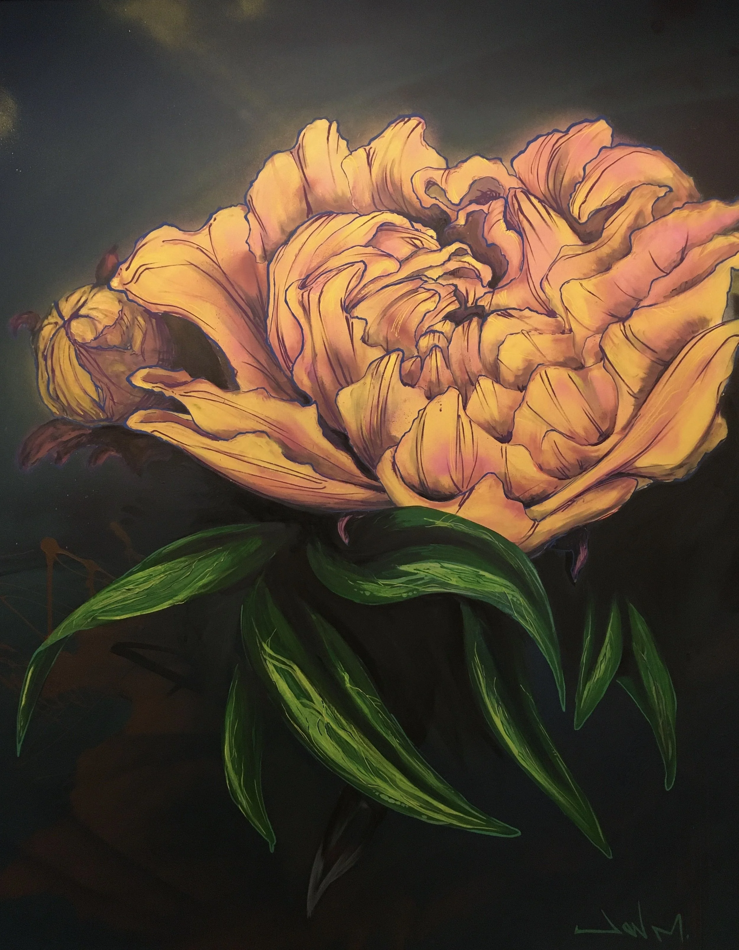 As an example of my canvas work this 4' x 5' piece marks a more intimate extension of my mural practice, shifting from the scale of public space into a focused fine art context. While it carries the same visual language; flowing linework, and layered