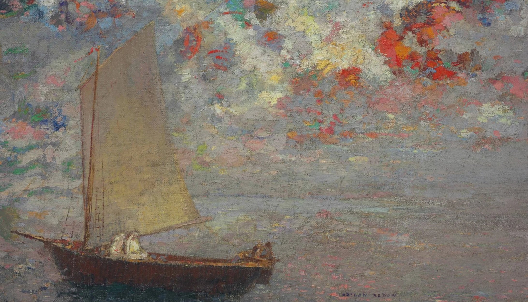 A colorized painting of a small wooden boat with a yellow sail floating on a body of water, with an impressionistic background of colorful flowers or foliage.