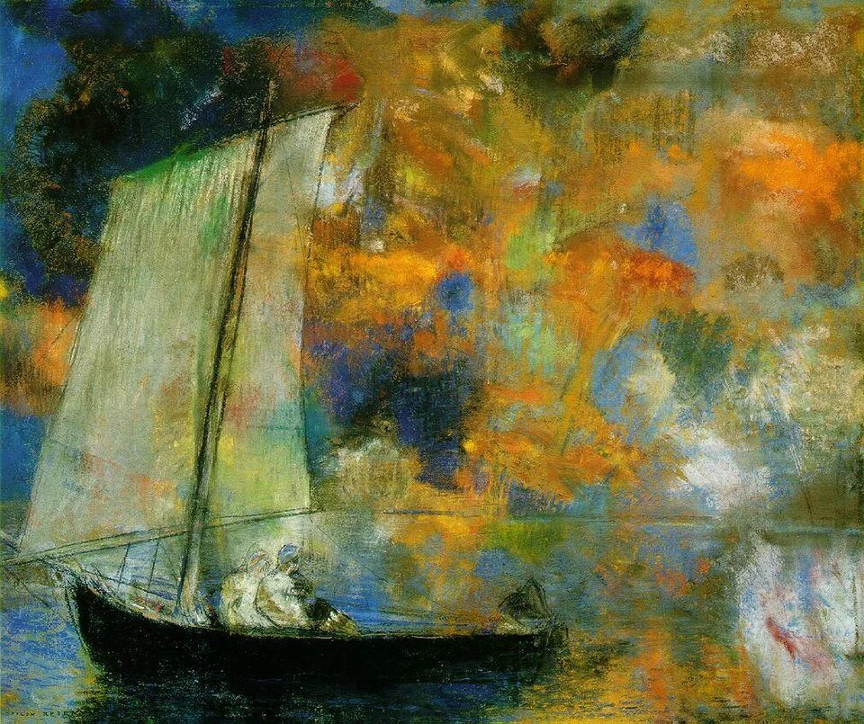 A painting of a sailboat on water with colorful abstract sky in the background.
