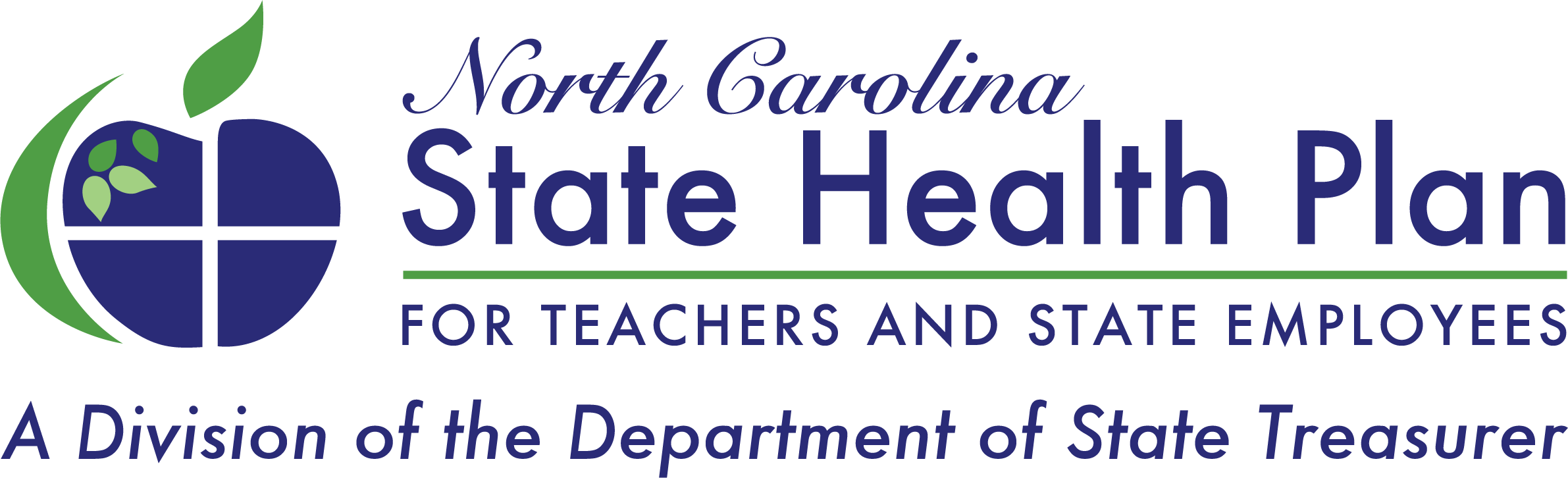 North Carolina State Health Plan logo with a stylized apple and leaves, and the text "For teachers and state employees" and "A division of the Department of State Treasurer."