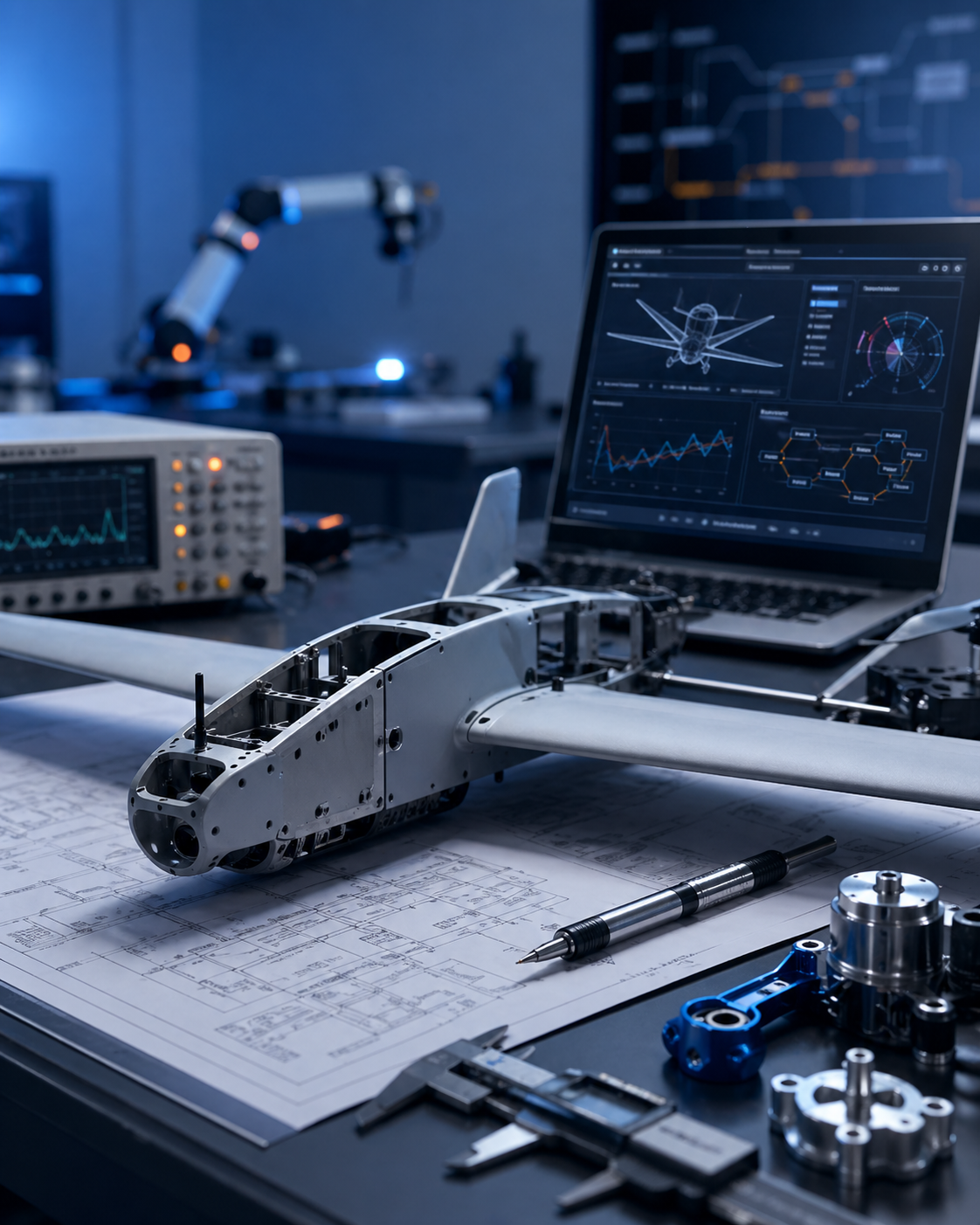 A detailed drone frame on technical blueprints, surrounded by precision tools and electronic testing equipment, in a high-tech lab with a partially assembled robotic arm in the background.