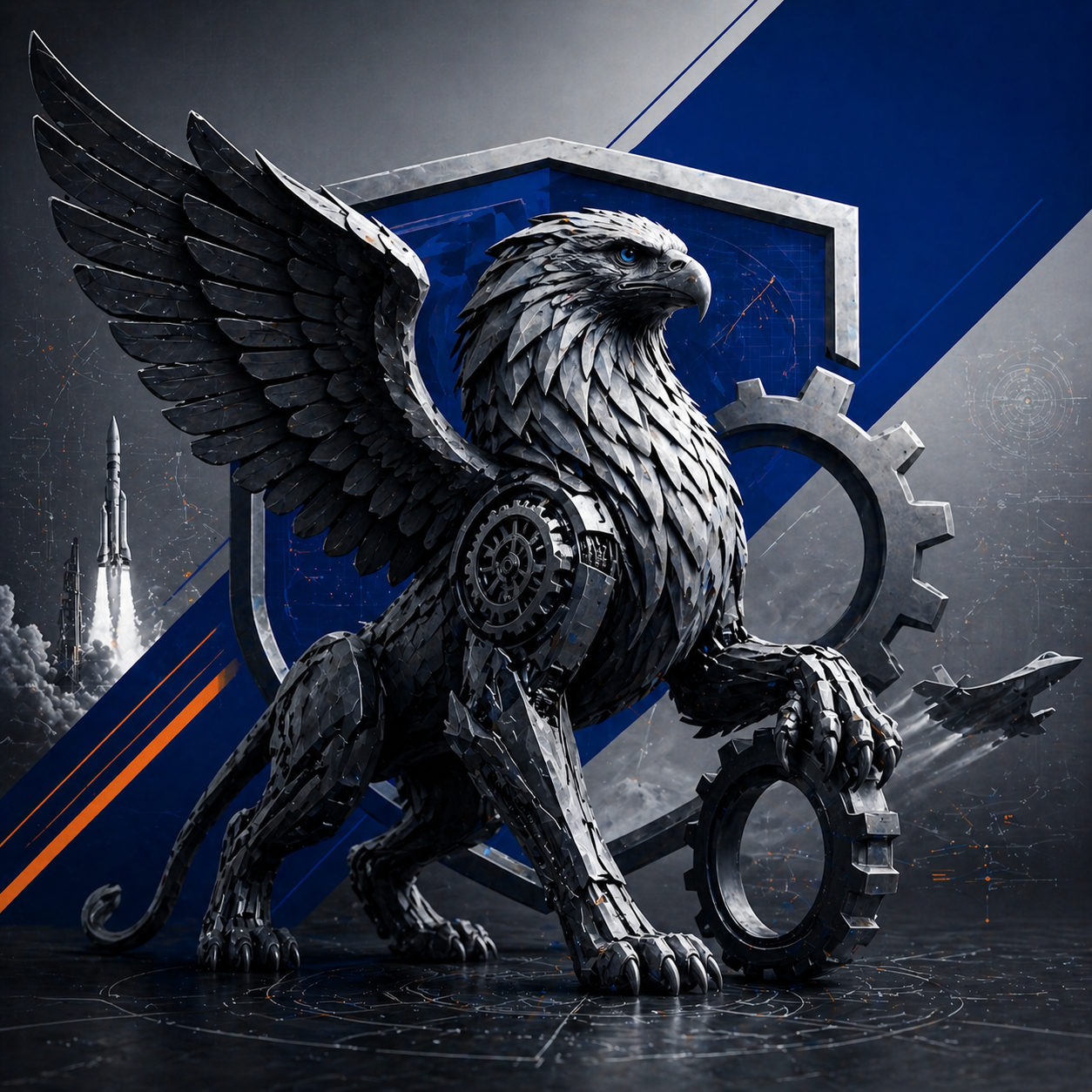 A futuristic, metallic eagle with one wing extended, standing on a mechanical gear, in front of a digital technological background with rockets and gears.