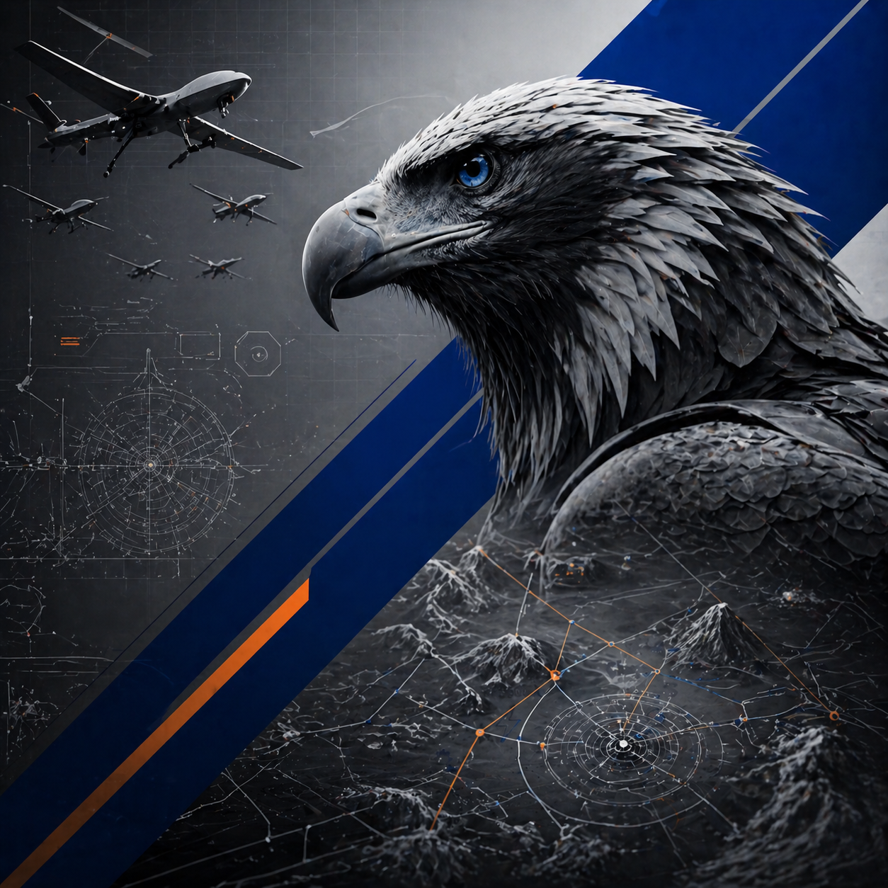 A digital artwork of a fierce eagle with detailed feathers and piercing blue eyes, overlooking mountainous terrain, with an abstract background featuring schematic aircraft and radar graphics.