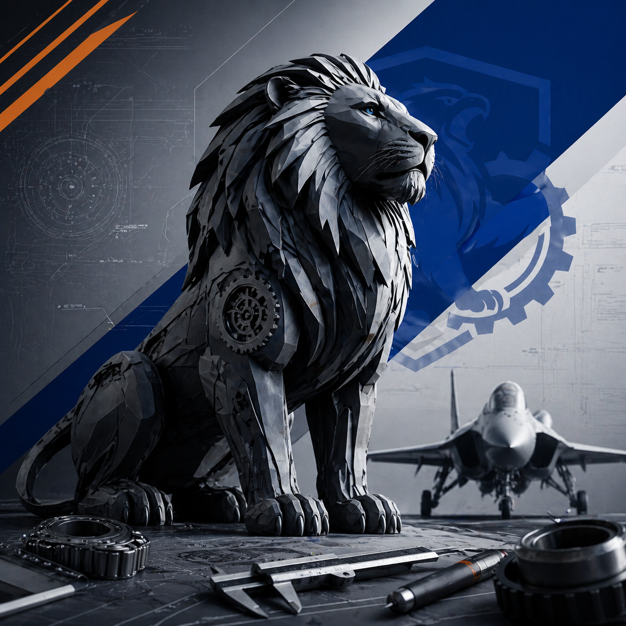 A robotic lion with mechanical gears and parts, positioned in front of a fighter jet and a futuristic background with technical schematics and blueprints.