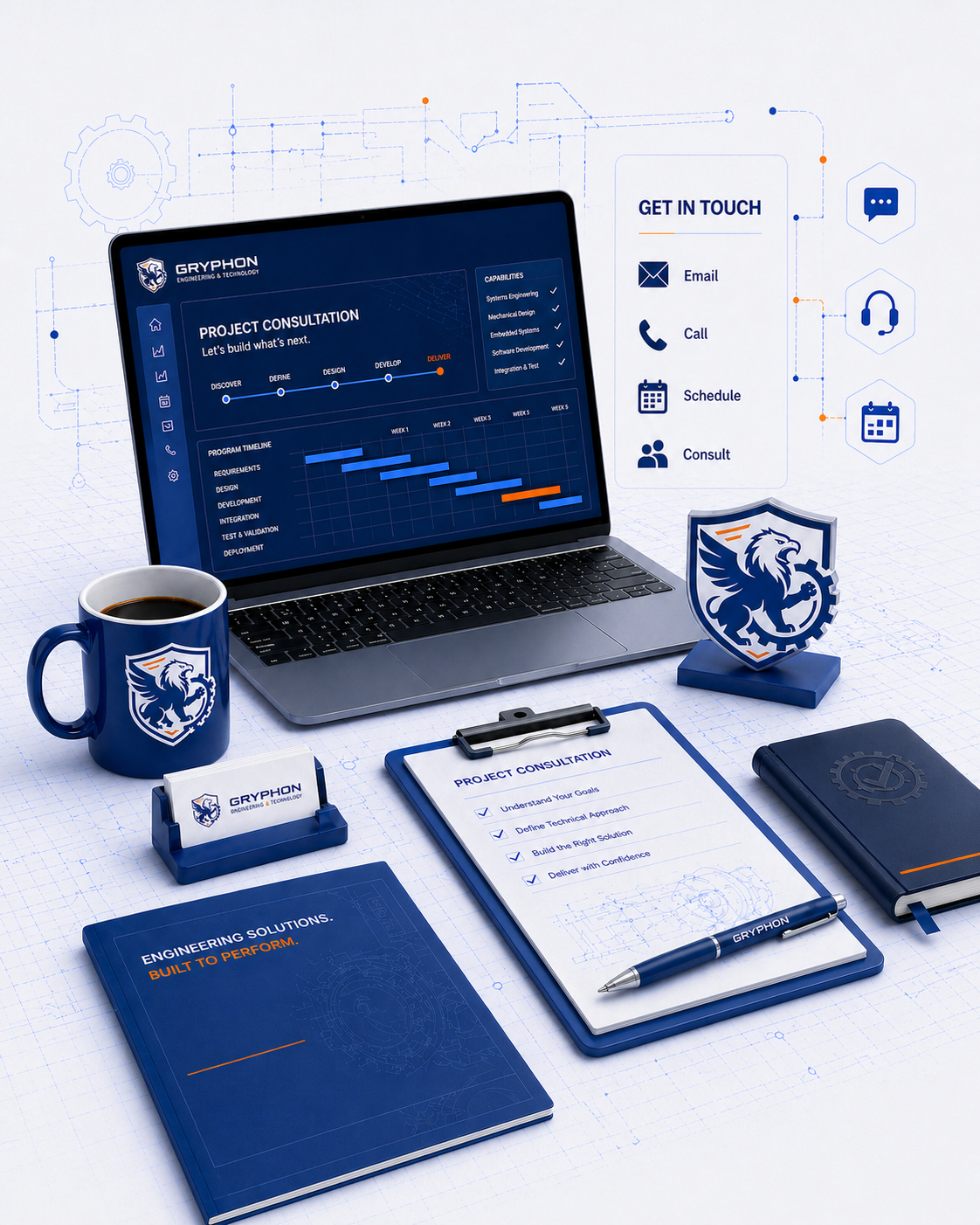 Office desk with Gryphon Engineering & Technology branding, including a laptop displaying a project consultation timeline, a mug of coffee, a shield logo, a clipboard with checklists, a closed notebook, and various tech icons and contact options on a background of engineering blueprints.