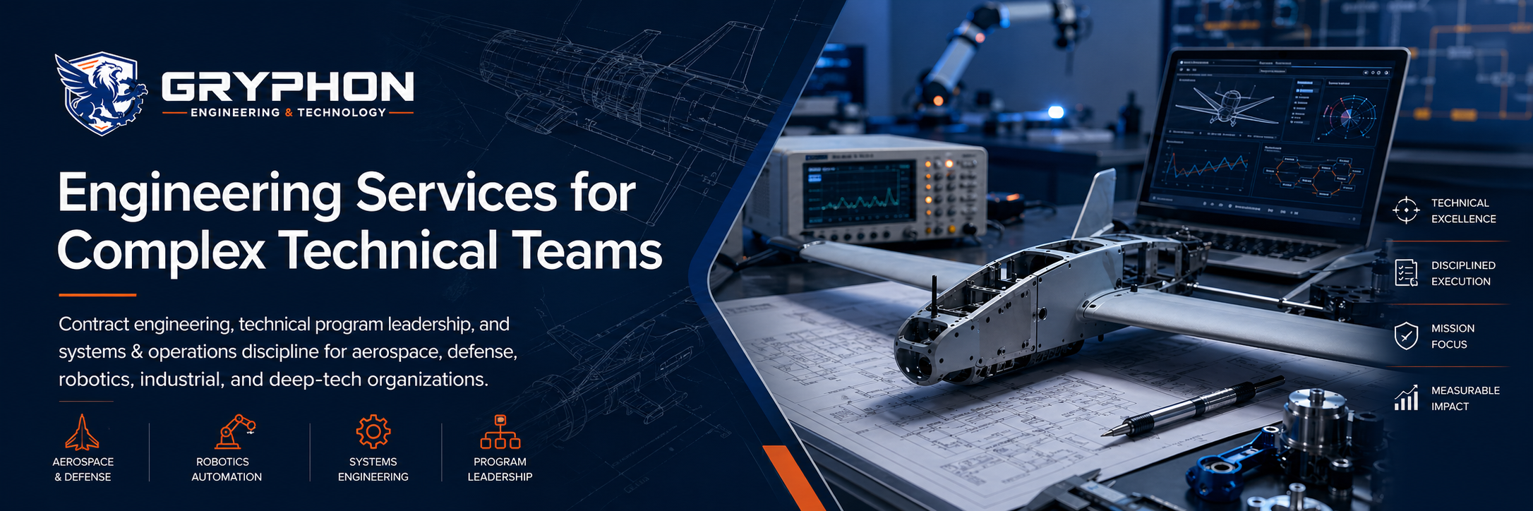 A promotional banner for Gryphon Engineering & Technology showing a partially assembled drone on technical drawings, with electronic testing equipment and a laptop displaying data analysis in a high-tech laboratory setting.