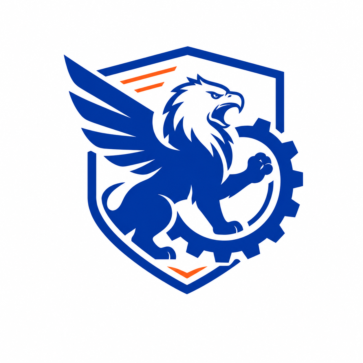 A logo featuring a blue griffin with outstretched wings, holding a gear, inside a shield outline with orange accents.