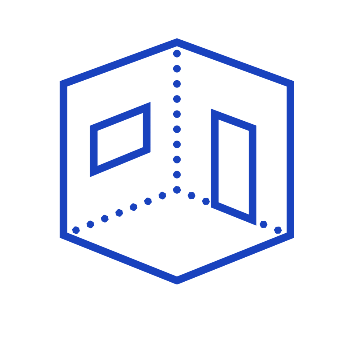 Blue wireframe of a 3D corner house with an open door and a window, shown with perspective lines and dotted edges on a black background.