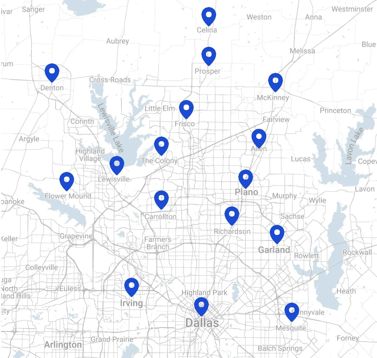 Map of the Dallas-Fort Worth area in Texas with blue markers indicating specific locations.