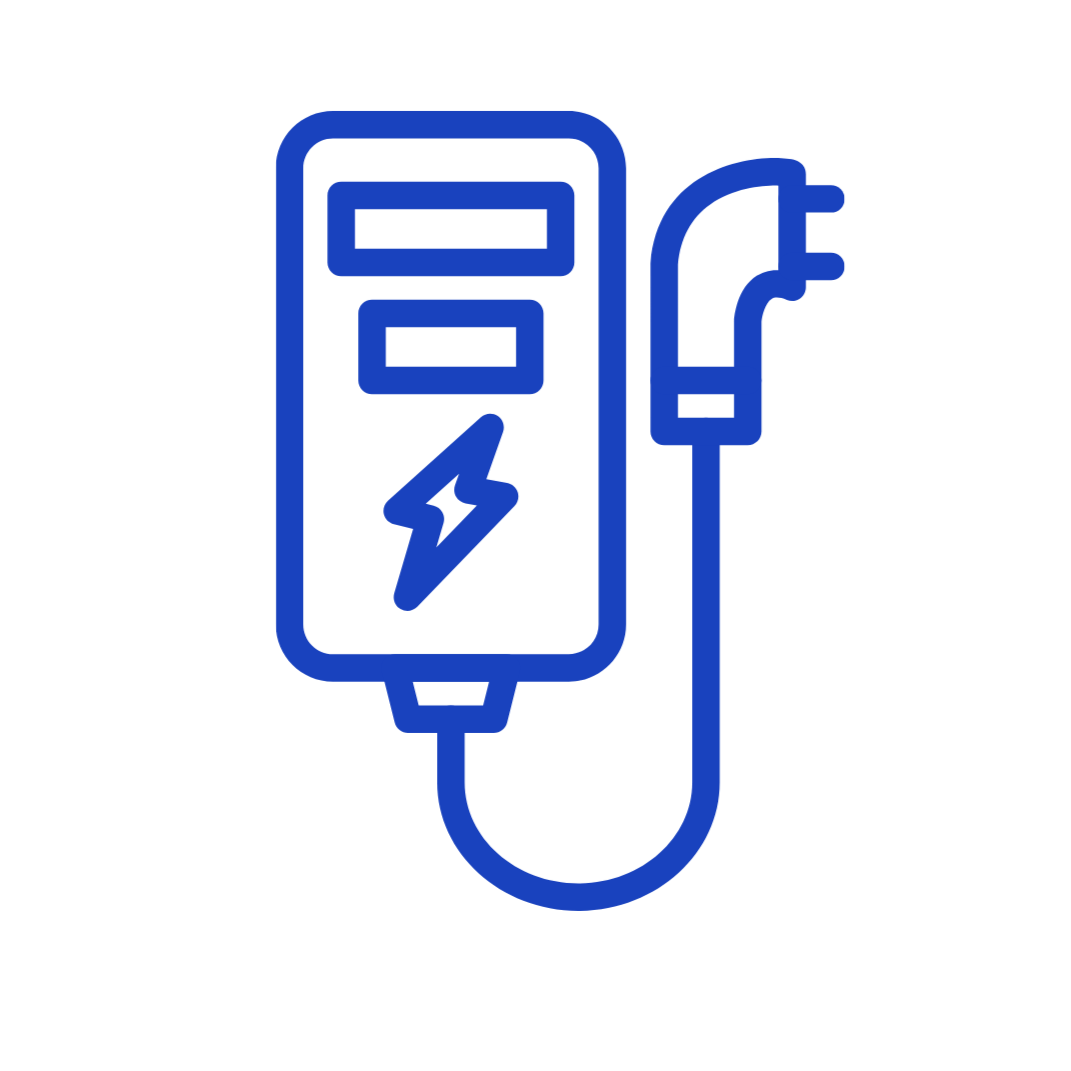 Line drawing of an electric vehicle charging station with a charger port and cable, depicted in blue.