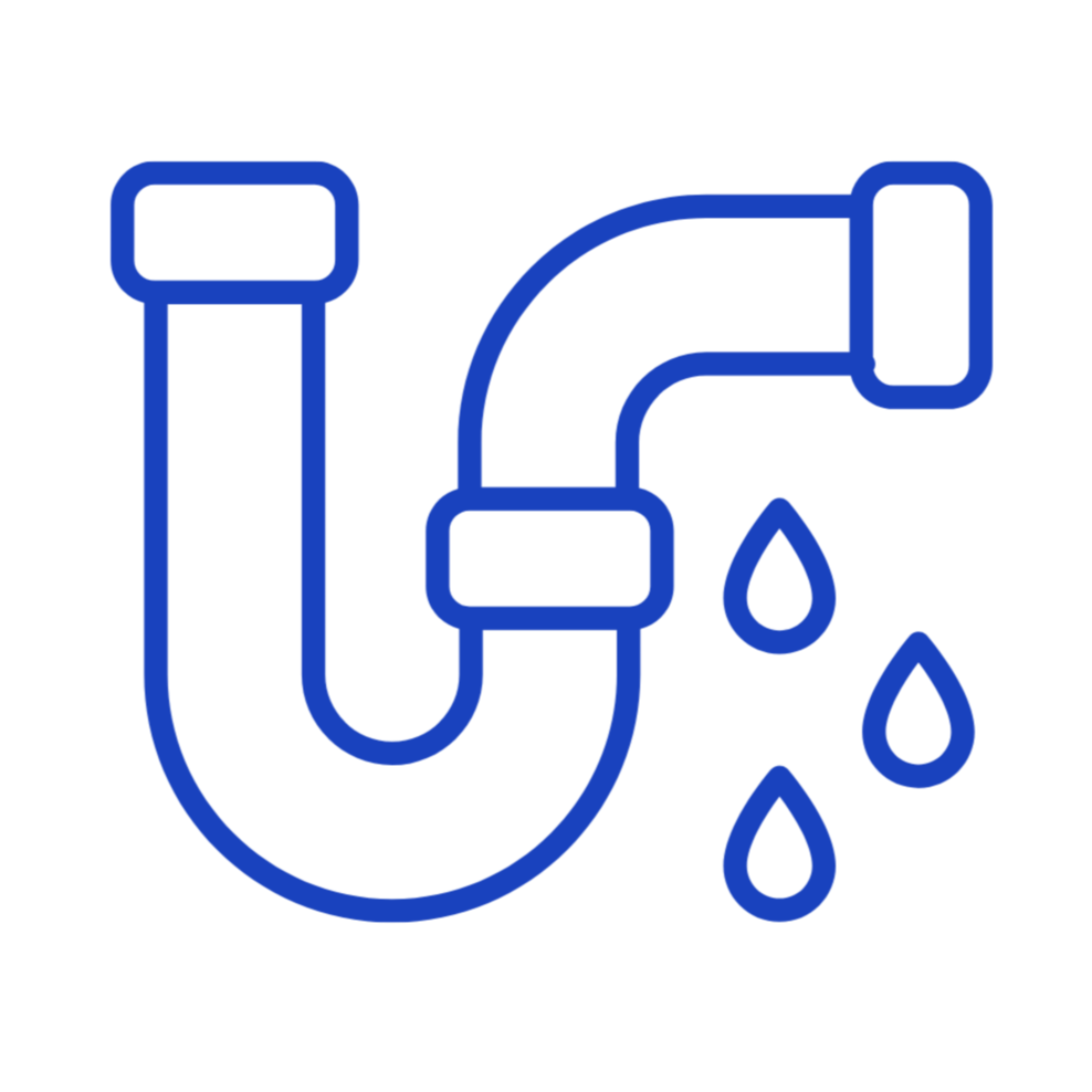 Blue line drawing of a plumbing pipe with water droplets.