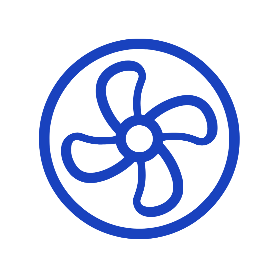 Blue fan symbol inside a circle on a black background.