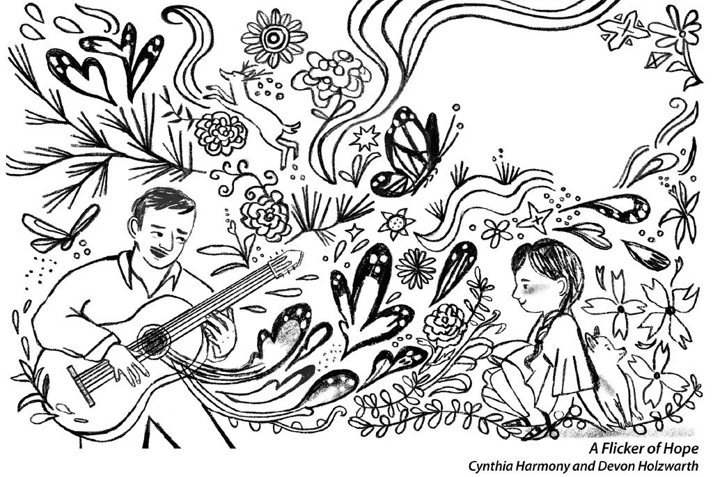 Free printable coloring page from A Flicker of Hope featuring children, monarch butterflies, and nature-inspired scenes.