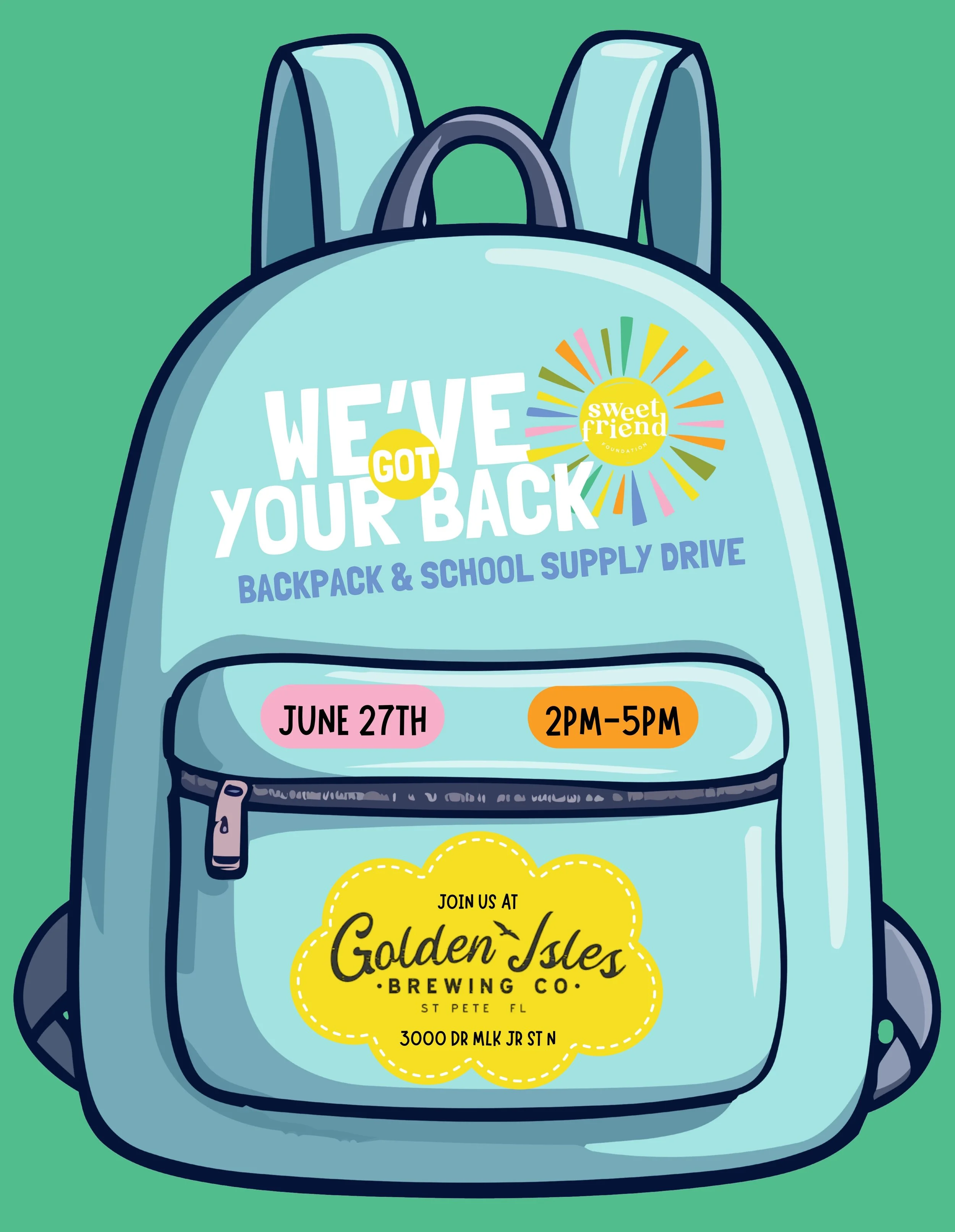 Mark your calendars! 🎒✨Our We&rsquo;ve Got Your Back, Backpack &amp; School Supply Drive will be at Golden Isle Brewery on June 27th from 2PM&ndash;5PM.
Ways to help: 📍 Host a collection bin at your local business 💛 Make a monetary donation 🎁 Don