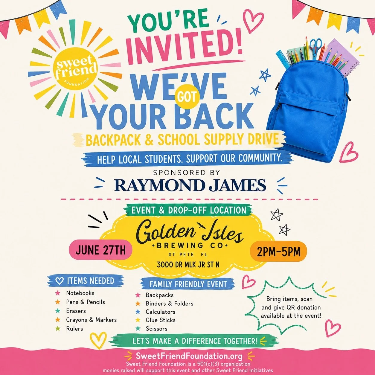 We&rsquo;ve Got Your Back is back! 🎒 

We know it&rsquo;s early, but starting our school supply drive now helps us support more Pinellas County students before school begins.

A huge thank you to @raymondjames Raymond James for sponsoring this year&