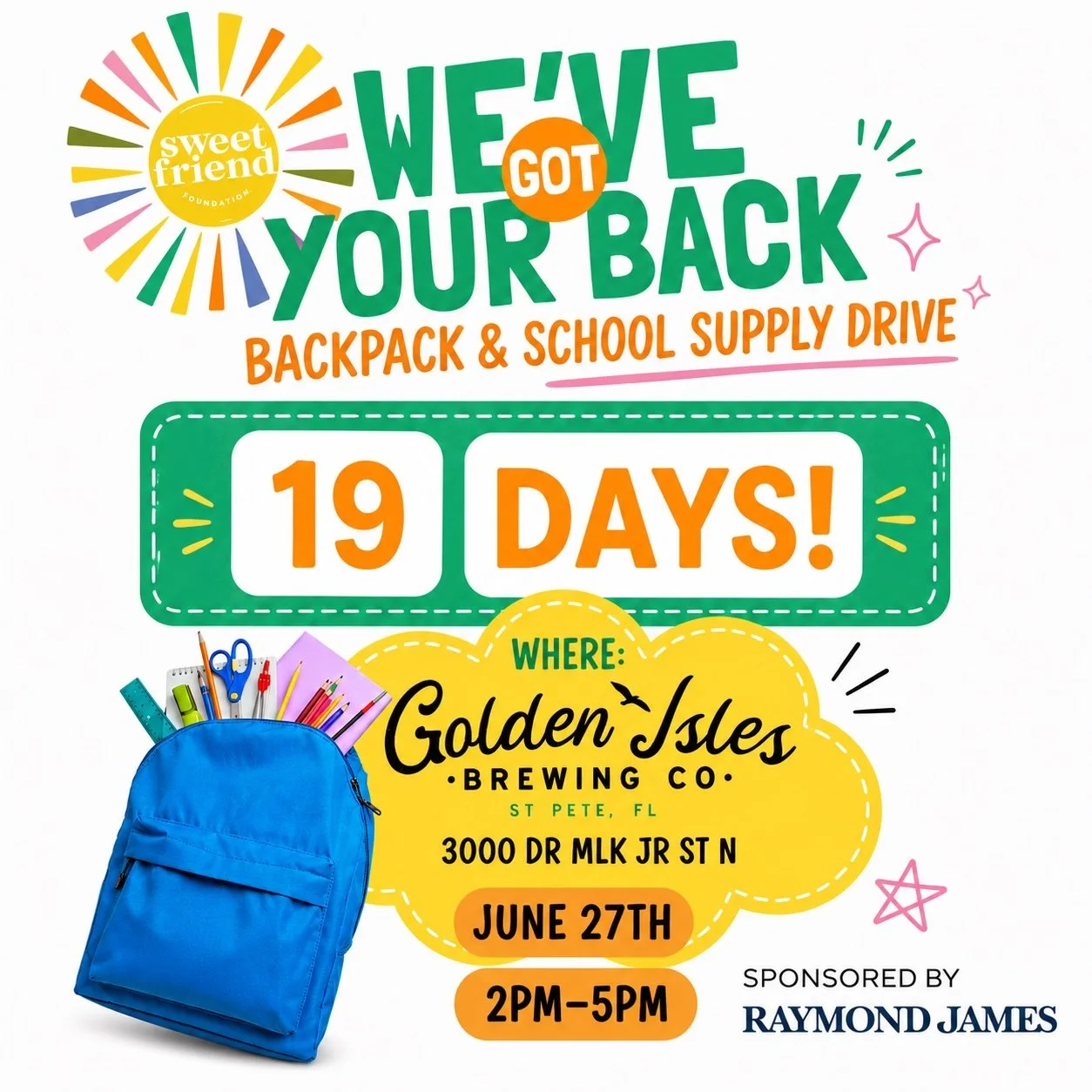 Mark your calendars for an afternoon of brews🍻, raffles🎟️, and giving back as we kick off our Backpack &amp; School Supply Drive for Pinellas County students. 🖍️

🎒Bring school supplies, scan a QR code for an easy donate option, and enter to win 