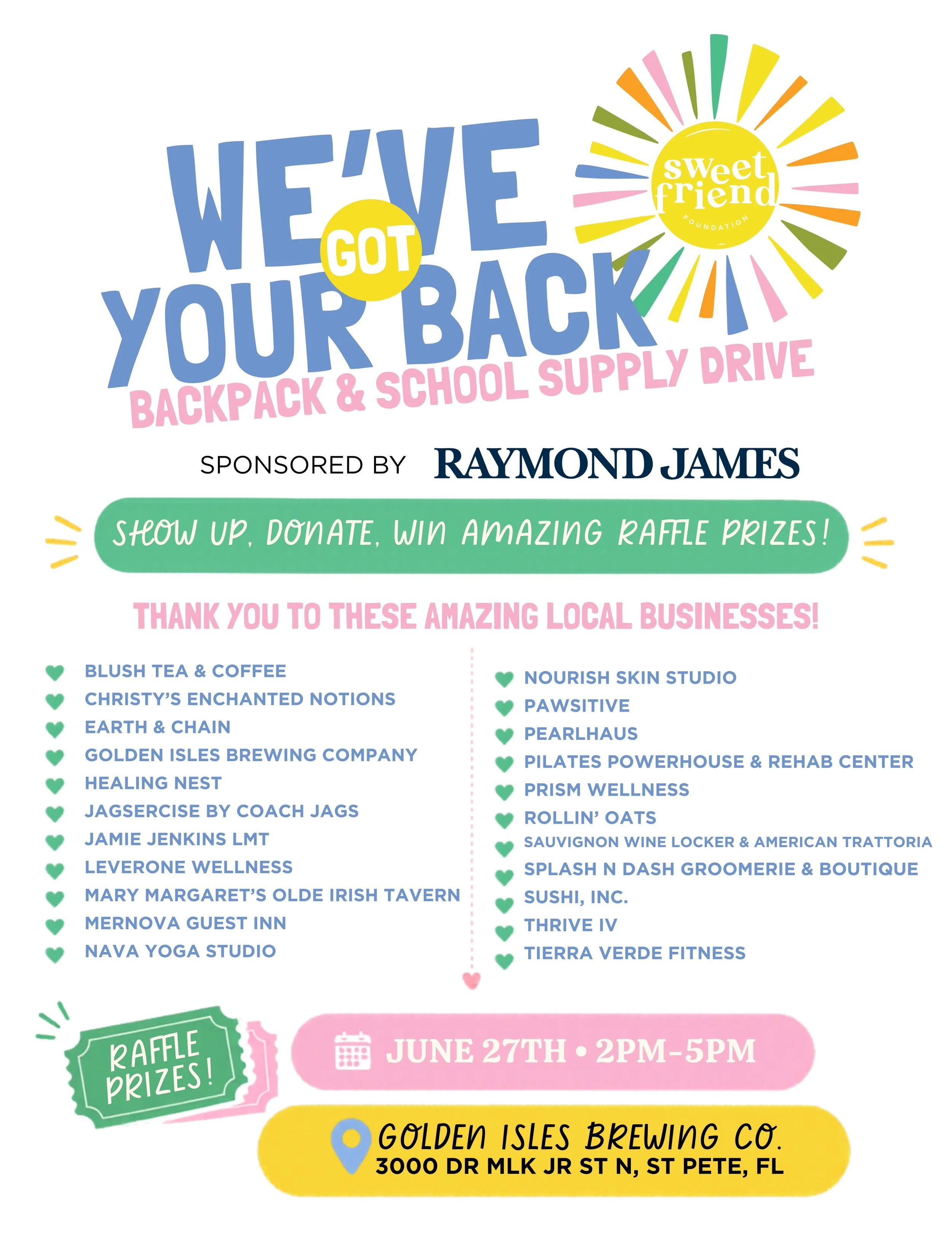 🎒✨ DONATE &amp; WIN! ✨🎒
Join us at our We&rsquo;ve Got Your Back Backpack &amp; School Supply Drive and bring a new school supply item&mdash;or make a donation at the event&mdash;for a chance to win amazing raffle prizes from some of St. Pete&rsquo