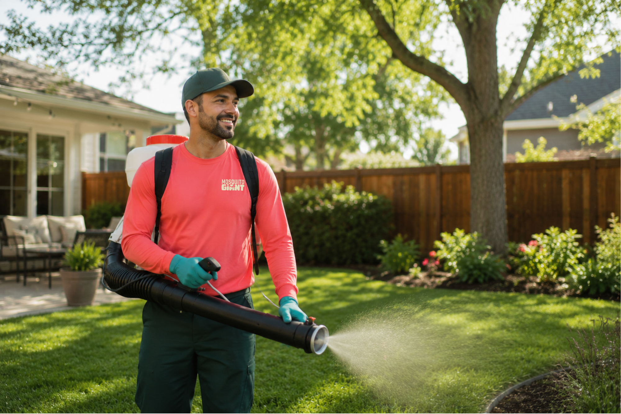 A man wearing a gray cap, red shirt with 'Mosquito Giant' logo, teal gloves, and carrying a backpack sprayer is spraying landscaping pesticide or insecticide in a backyard with green grass, plants, trees, and a wooden fence.