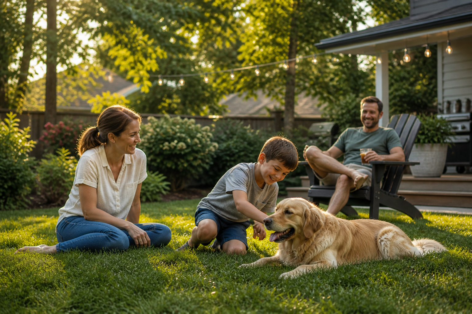 Family enjoying time outside in a backyard with a boy petting a golden retriever, a woman sitting on the grass, and a man sitting in a chair with a drink, surrounded by green trees and string lights.