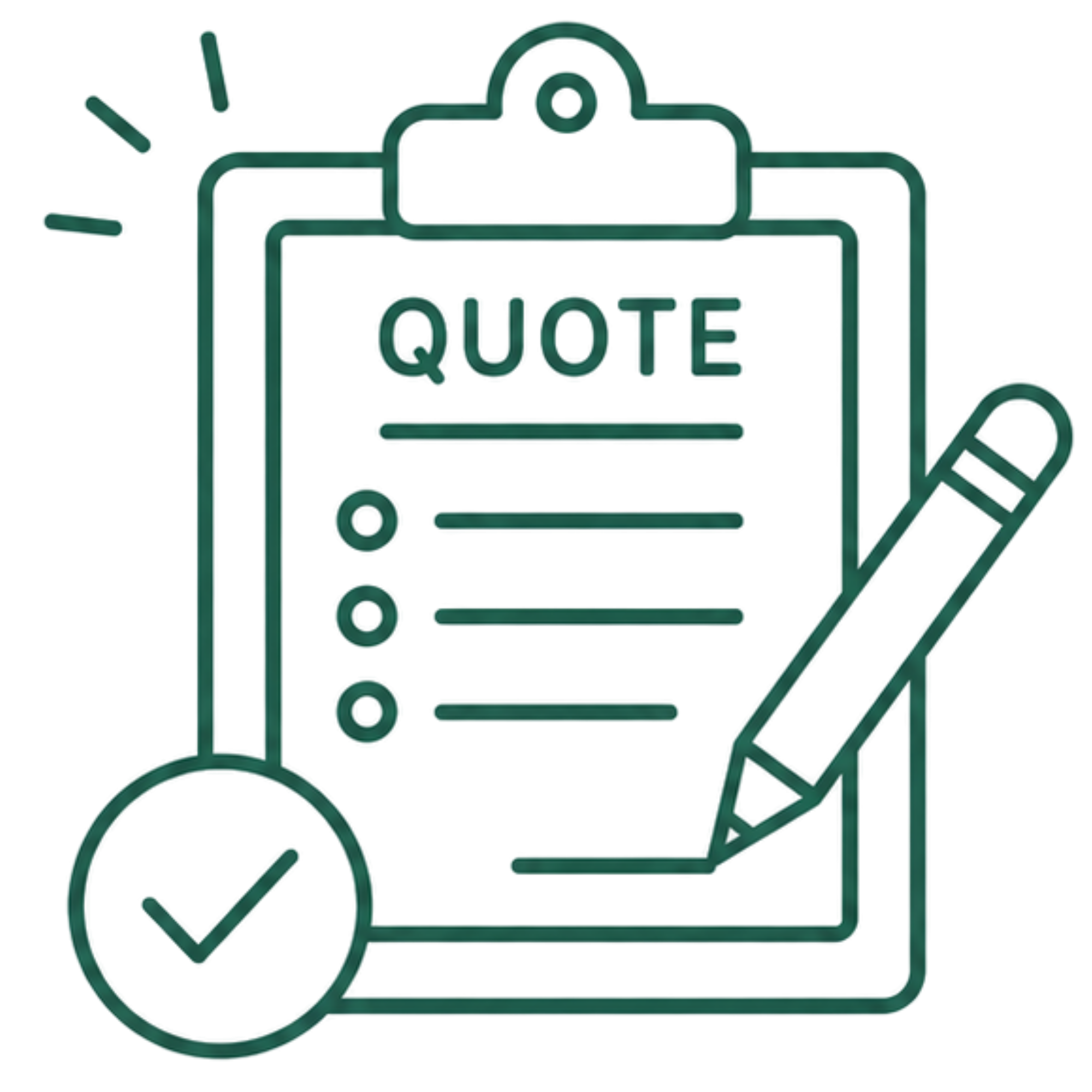 Neon outline of a shopping cart with a checkmark, a tablet displaying the word 'QUOTE', and a pencil, symbolizing e-commerce or online shopping.