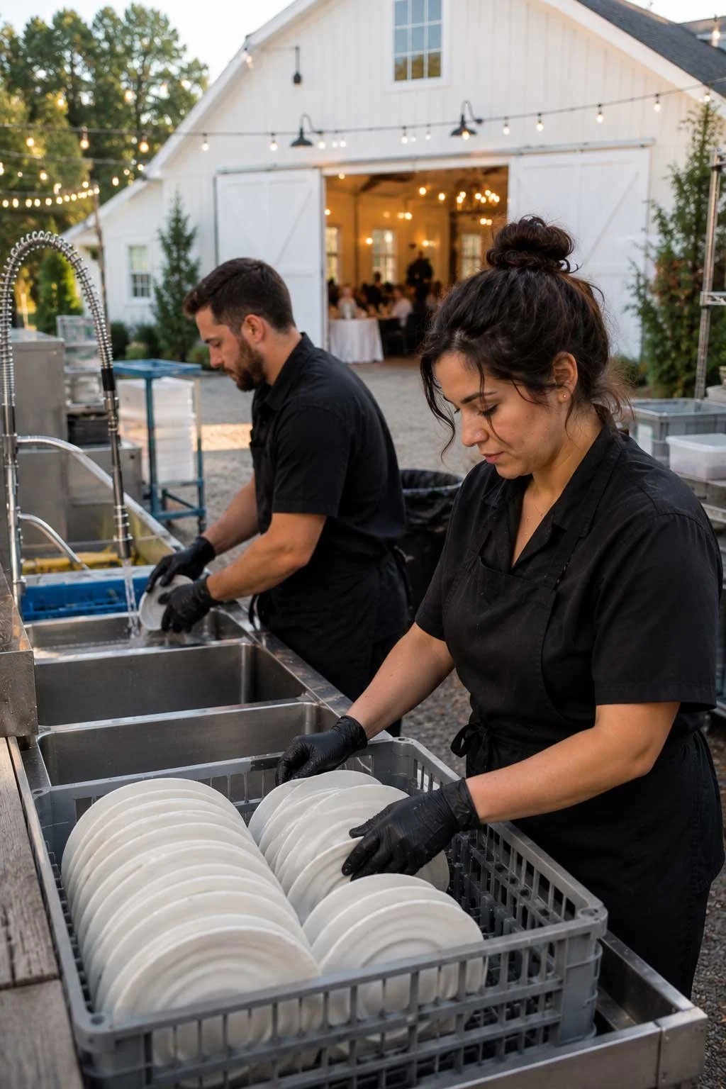 Two people working at an outdoor dishwashing station with a barn in the background, string lights, and a group gathered inside.