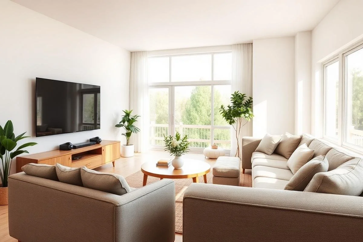 Bright living room with beige sofas, a round coffee table, potted plants, a large flat-screen TV on a wooden stand, and big windows letting in natural light.