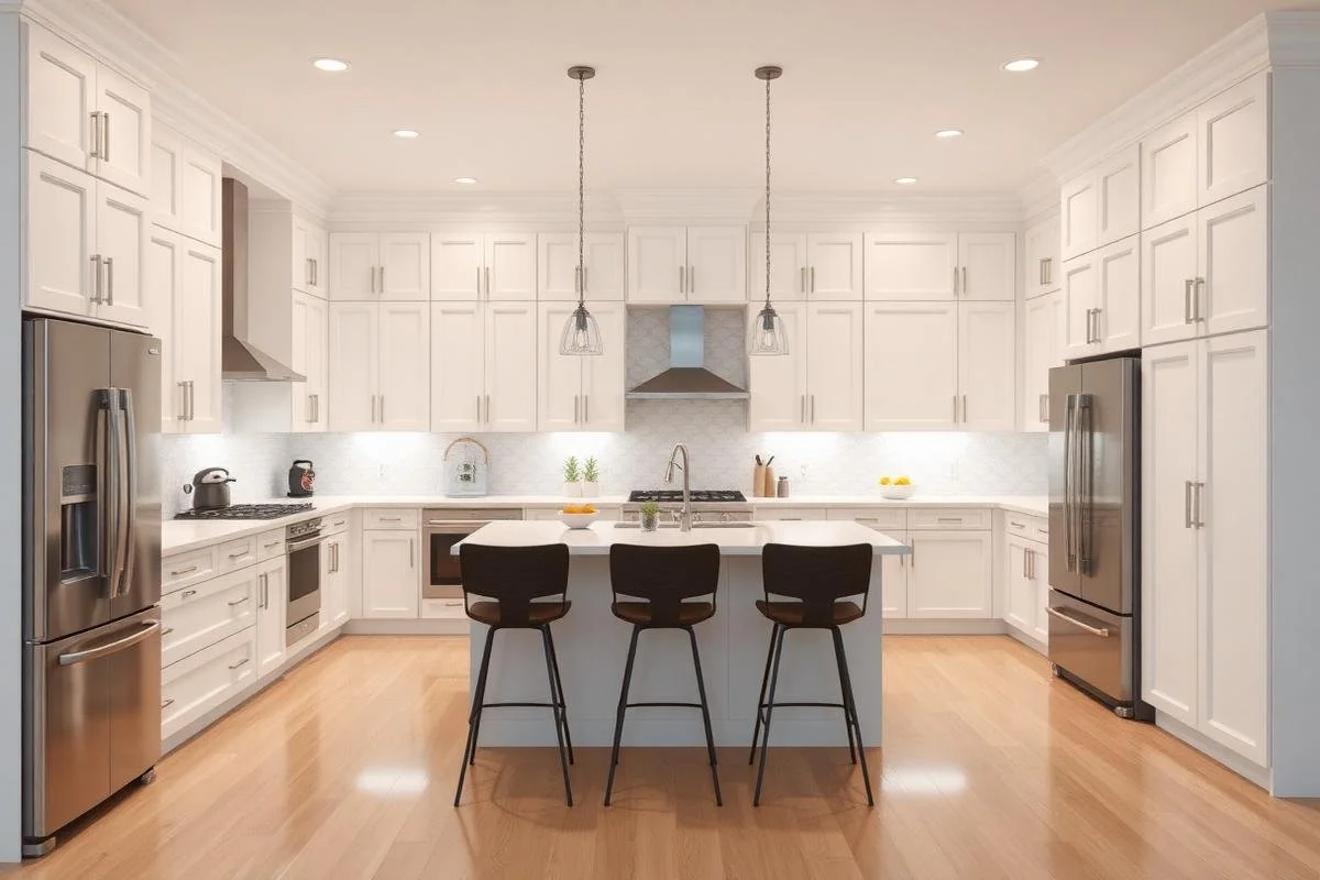 Modern kitchen with white cabinets, stainless steel appliances, a central island with three dark chairs, pendant lighting, hardwood floors, and minimal decor.