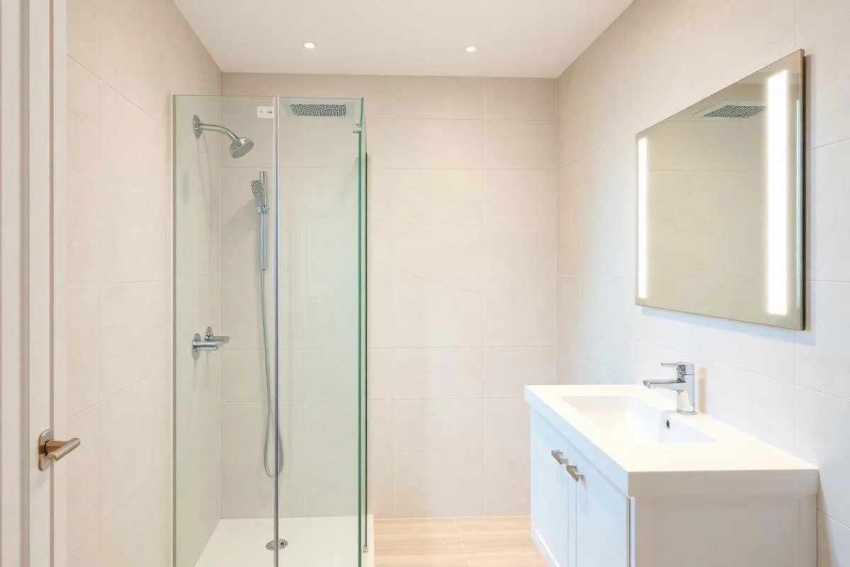Modern bathroom with a glass shower enclosure, a white vanity, a rectangular mirror with LED lighting, and beige tiled walls.