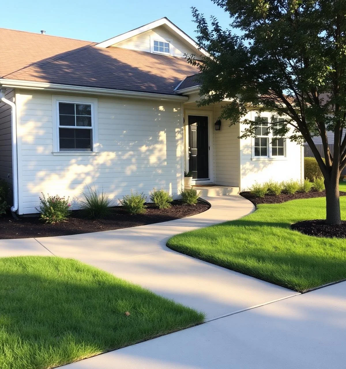 A suburban house with white siding and a black front door, surrounded by a manicured lawn, trees, and shrubs, with a curved concrete walkway leading to the entrance.