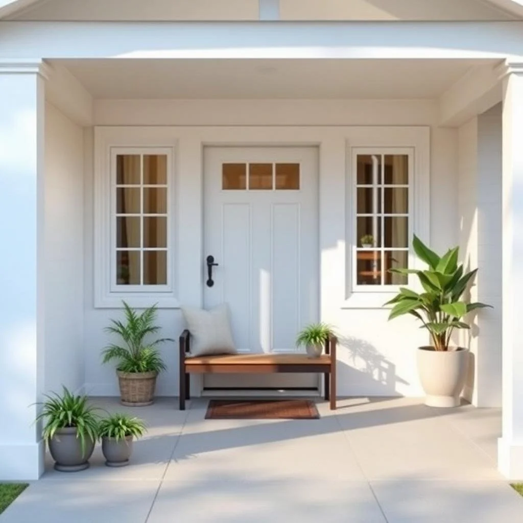 Front porch with white door, two windows, potted plants, a bench with a cushion, and a doormat.