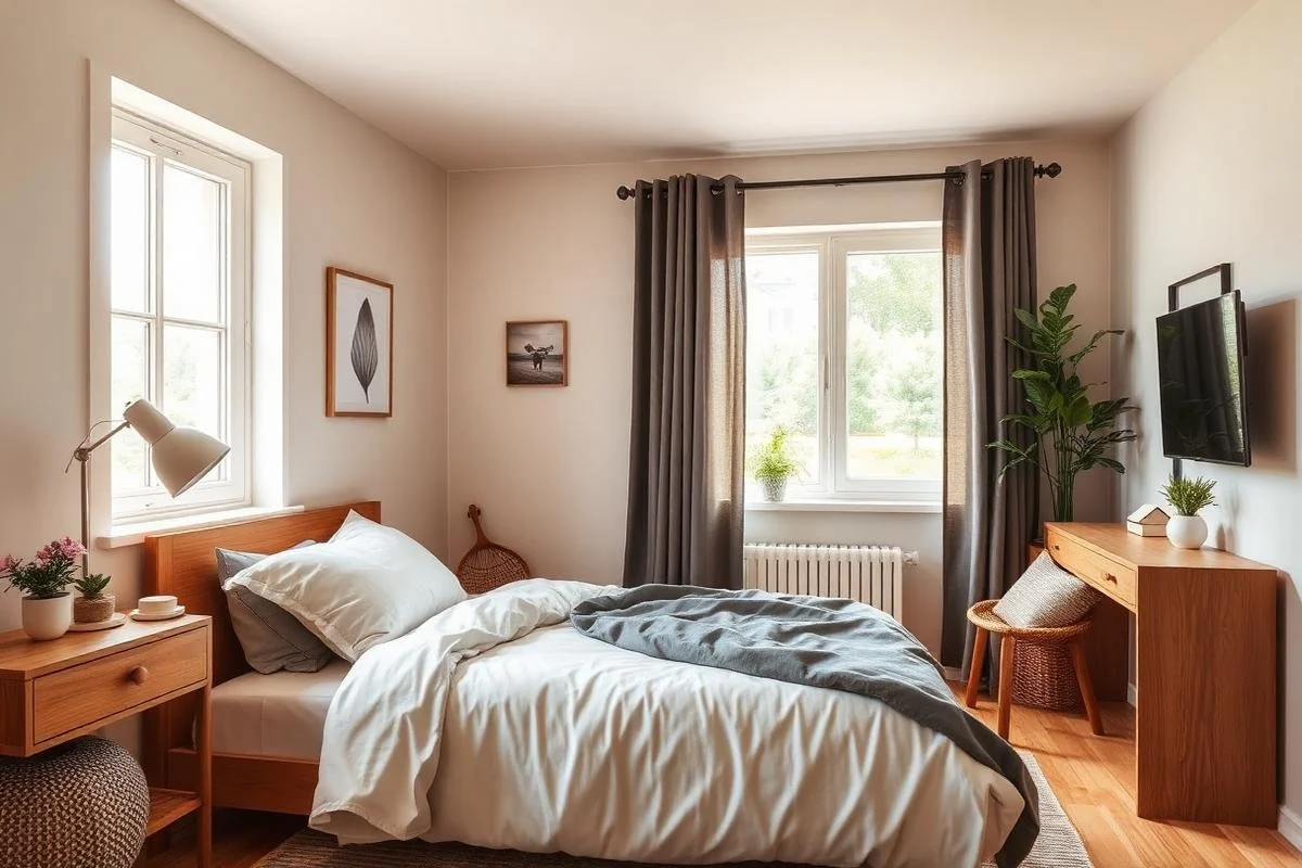 A cozy bedroom with a wooden bed, white bedding, and gray throw blanket. There are two windows with white frames and brown curtains. A wooden nightstand with potted plants and a lamp is beside the bed. A framed leaf artwork and another picture are on the wall. A wooden desk with a chair, a mounted TV, and potted plants are in the room.