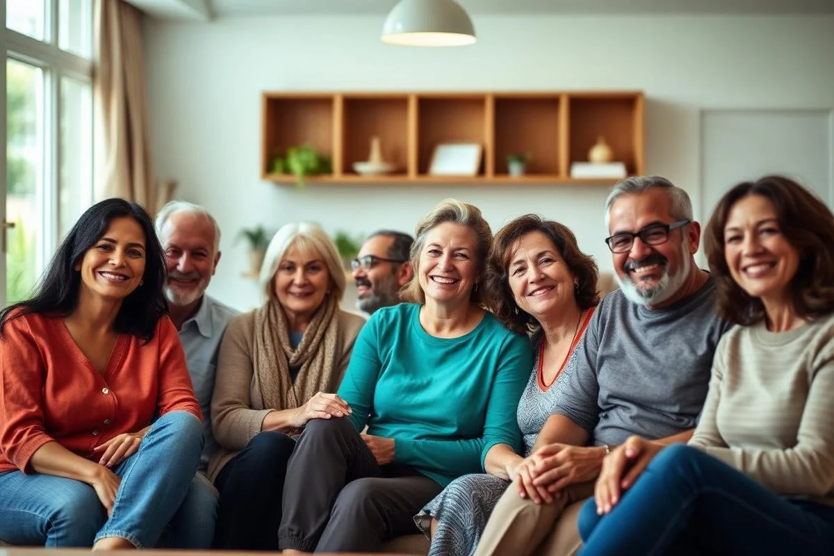 A group of seven diverse adults sitting on a couch, smiling and laughing in a well-lit living room.