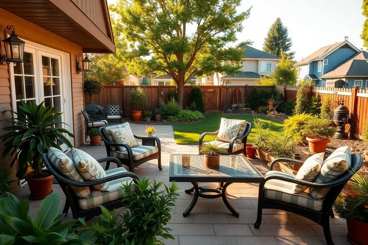 Backyard patio with outdoor furniture, potted plants, trees, and a wooden fence, during daytime.