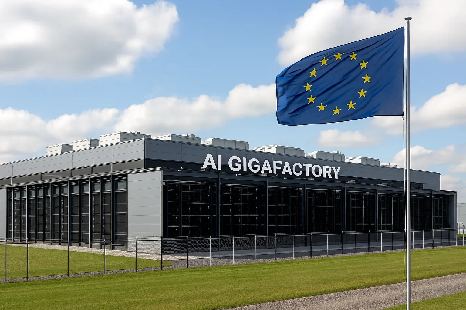 Schermata di presentazione di AI Gigafactory con sfondo blu con points e linee, testo descrittivo su piattaforma AI, in evidenza 'Senior Product Designer'.