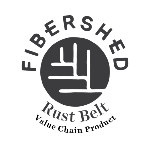Logo of Rust Belt Fibershed Value Chain symbol featuring a circular design with a stylized plant logo and text around it.