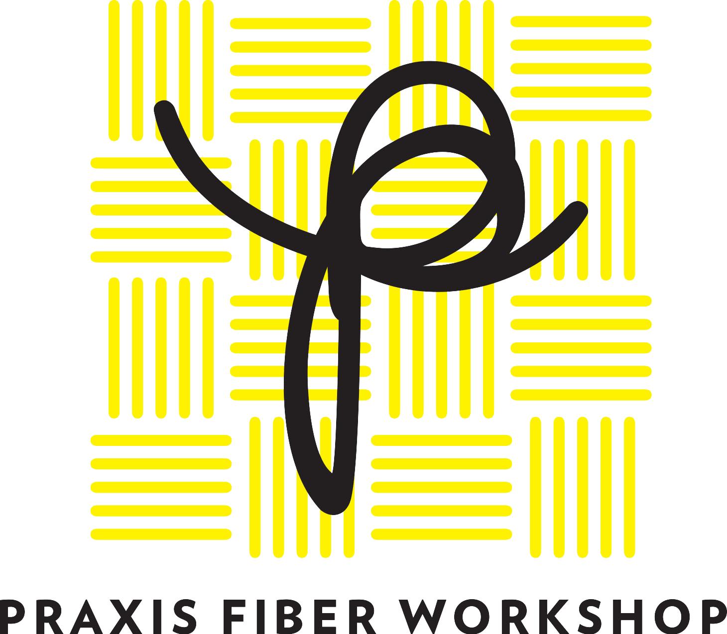 Logo for Praxis Fiber Workshop featuring a black abstract stylized fiber ribbon design over a yellow and black striped background.