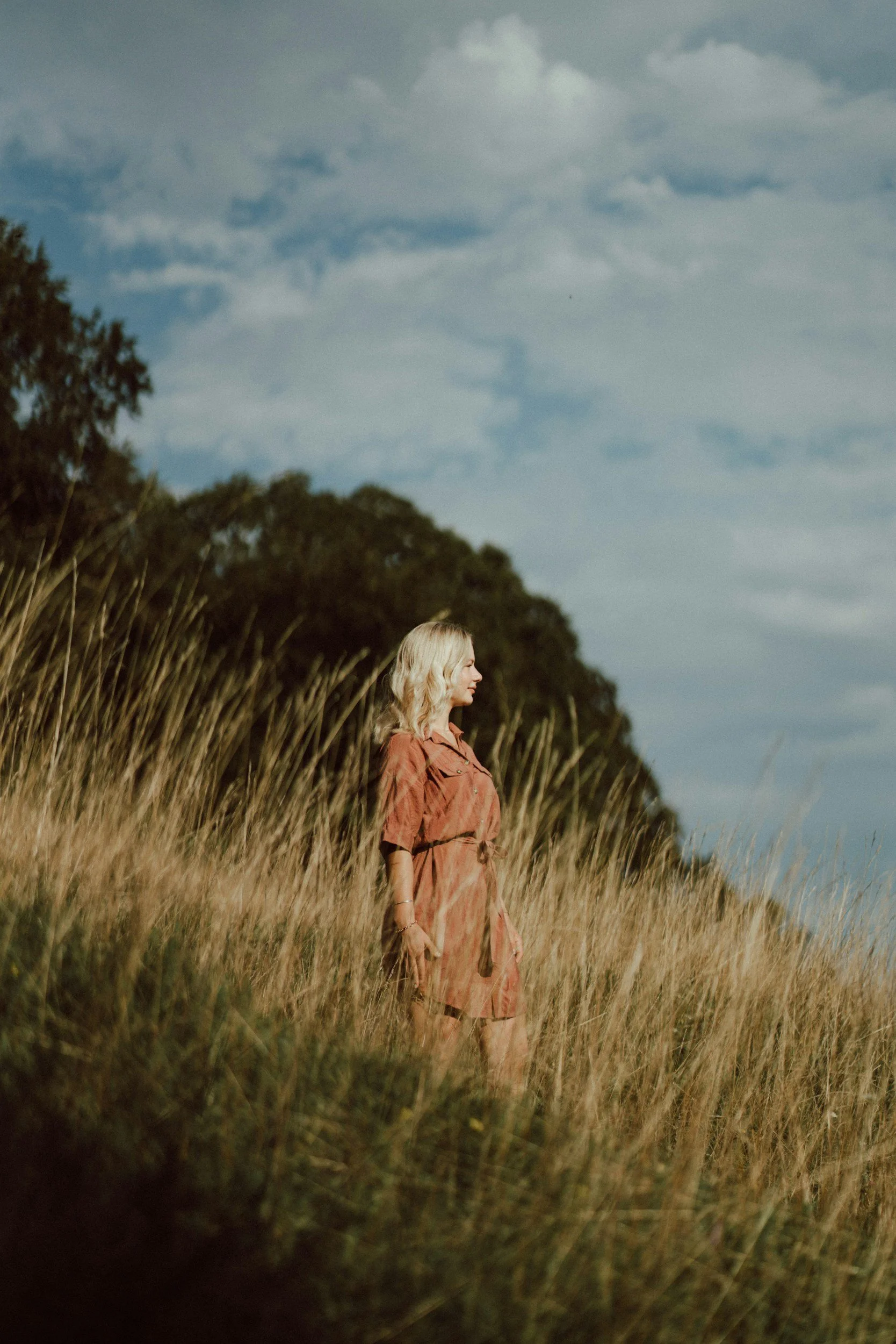 A woman with blonde hair wearing a brown dress stands in a grassy field with trees in the background and a cloudy sky overhead.