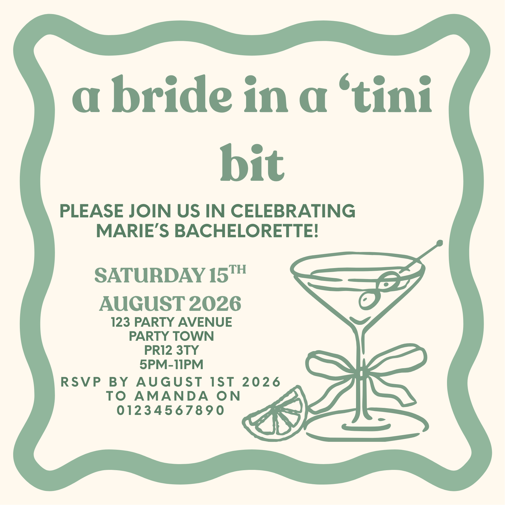 'Bride in a 'Tini bit' Bridal Shower Design Invite Package