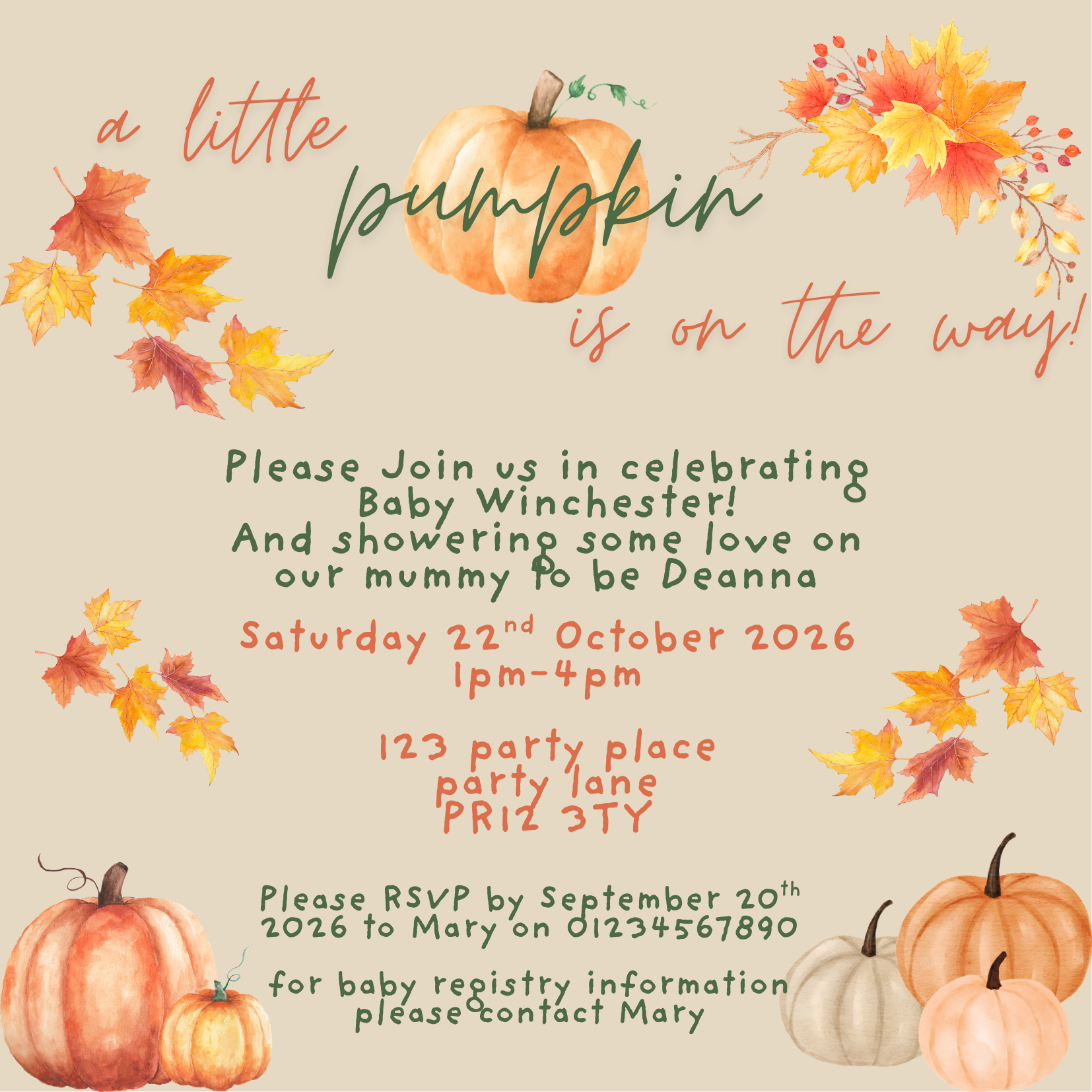 Little Pumpkin Autumn Baby Shower Full Invite Design Package