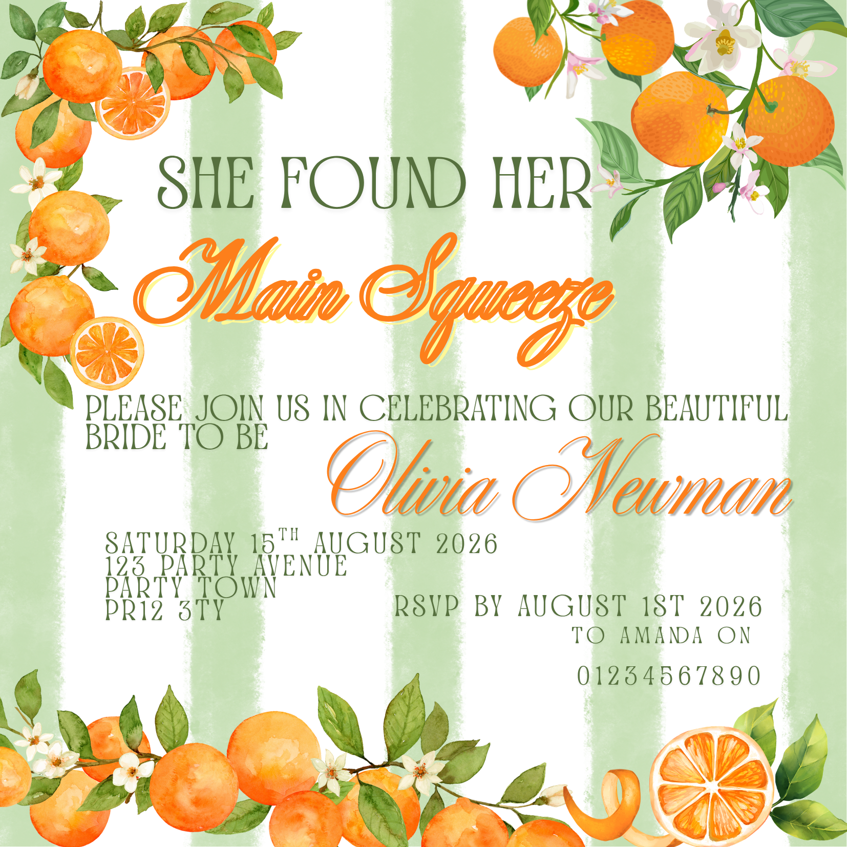 'Main Squeeze (Orange)' Bridal Shower Design Invite Package