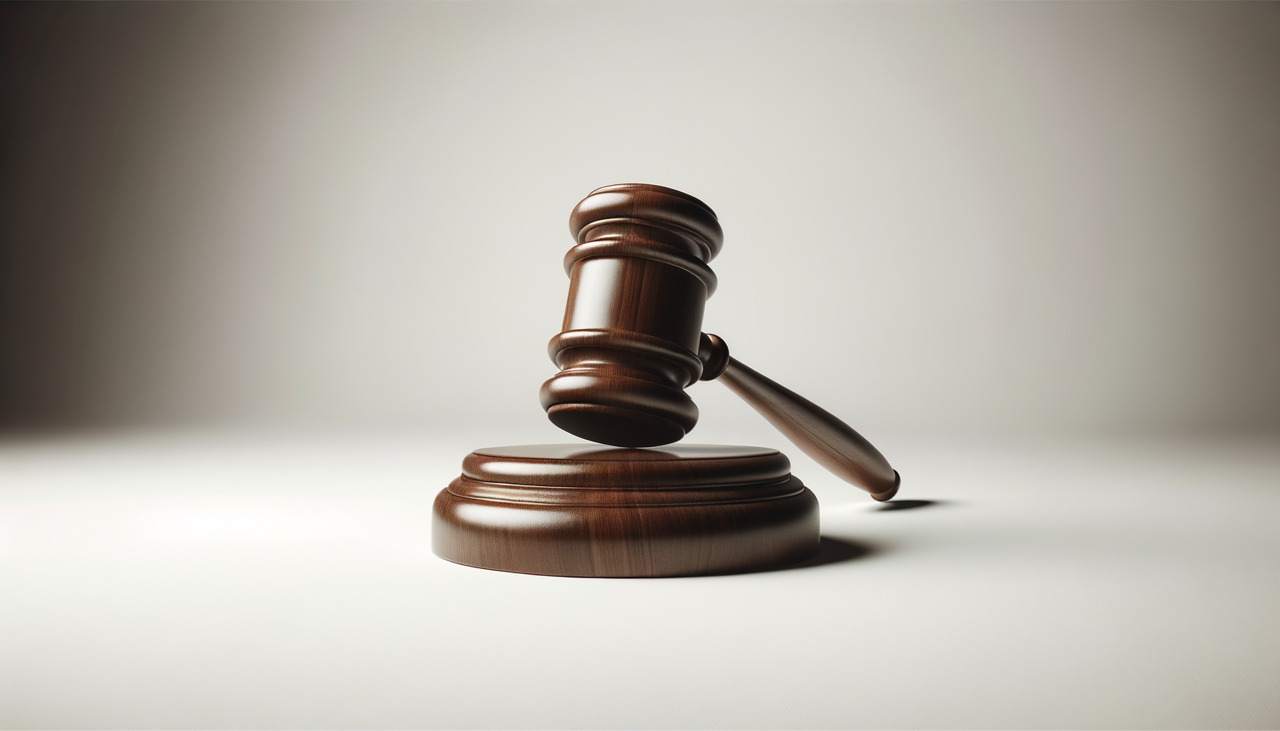 A wooden judge's gavel resting on a sound block with the handle leaning to the right, on a plain surface against a neutral background.