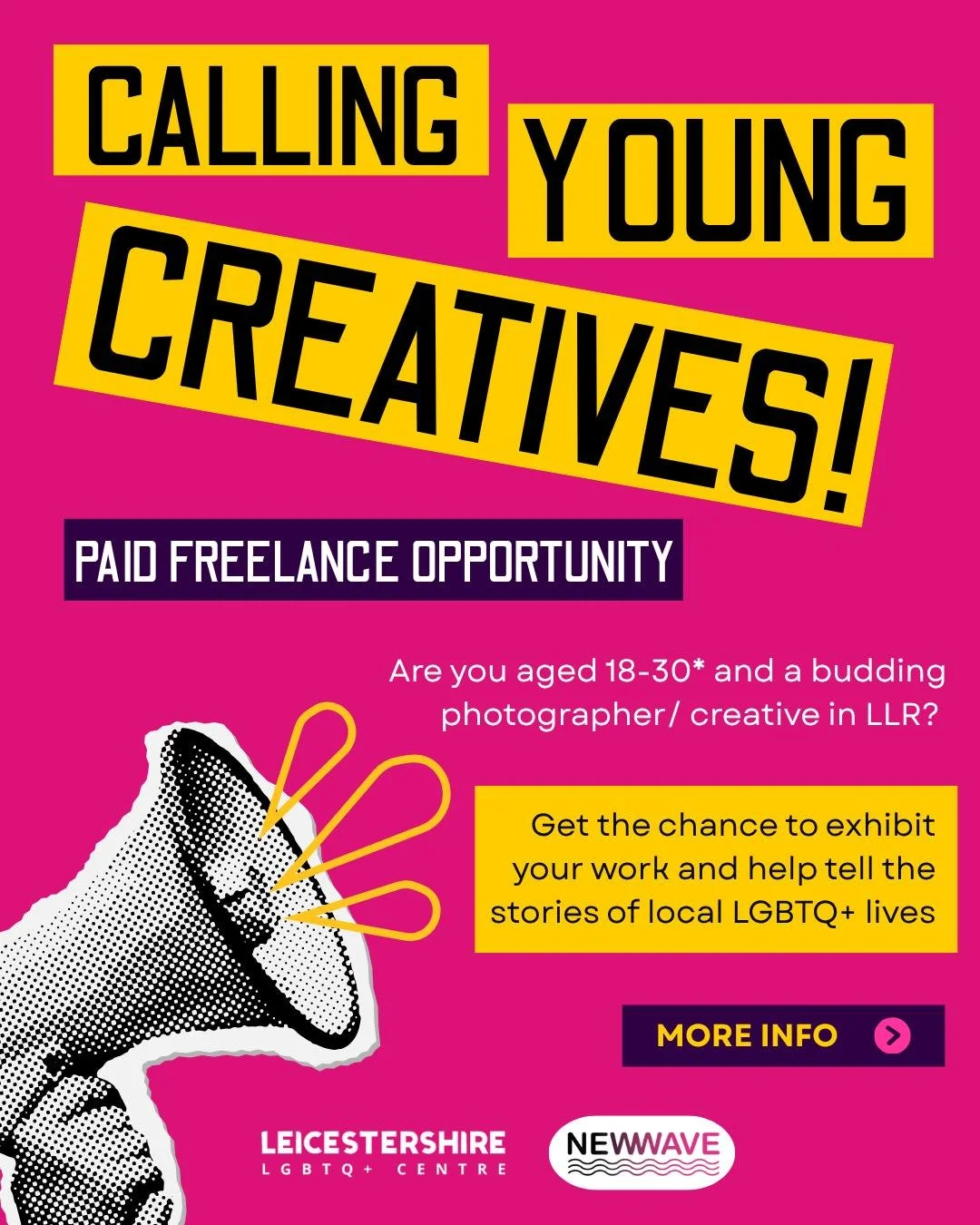 📸 CALL OUT FOR YOUNG CREATIVES! APPLY BY WEDS 10th JUNE! 🌈

We&rsquo;re recruiting up to 5 emerging creatives to be part of a powerful new exhibition celebrating 50 years of the Leicestershire LGBTQ+ Centre.

Selected creatives will produce portrai