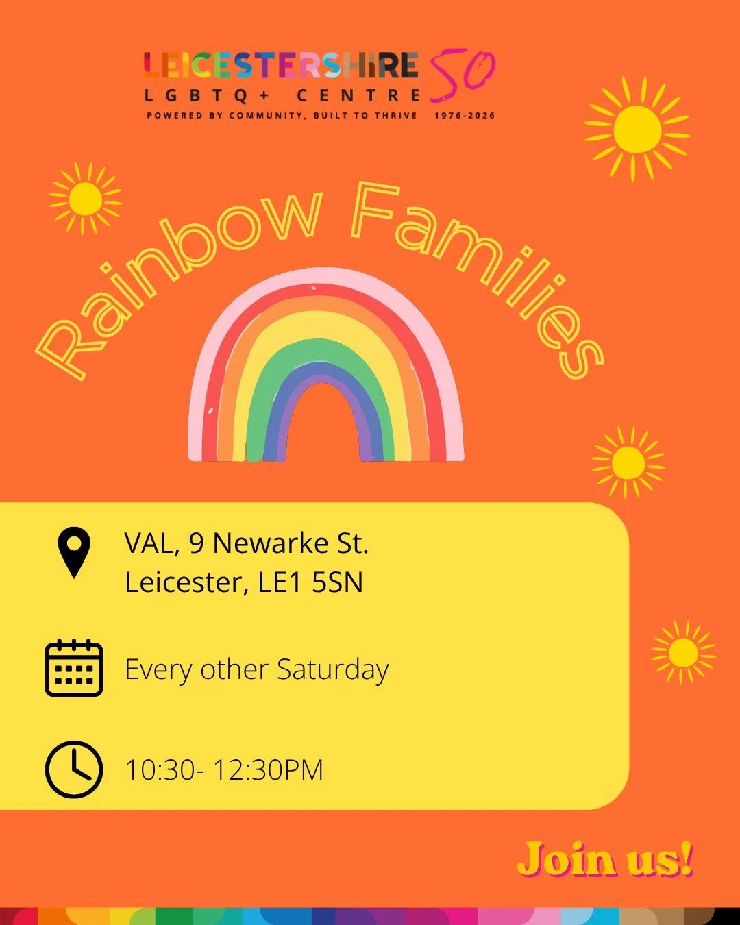 Rainbow Families is a fortnightly meet-up for LGBTQ+ families, parents &amp; carers with children. It's a friendly, relaxed space for socialising and playing. Come join us!

Our next meet-up is this Saturday, 10th October.

Where: VAL, N9 Newarke St.