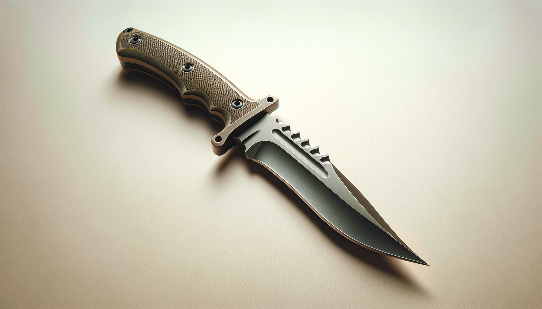 A tactical folding knife with a serrated edge and a textured brown handle, positioned on a neutral surface.