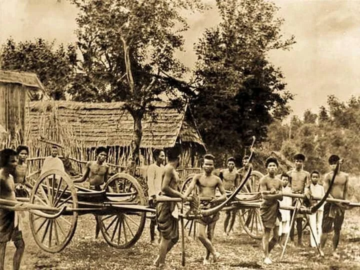 A group of young men holding a traditional wooden cart painted black in a village setting, with a thatched-roof hut and trees in the background.